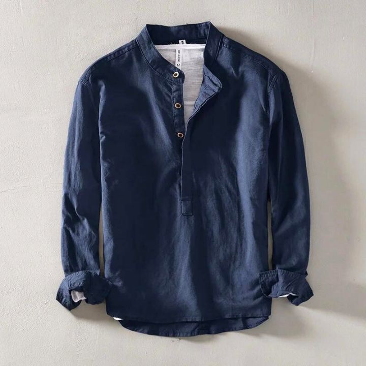 Radek | Lněná Pullover Košile se Stojáčkem